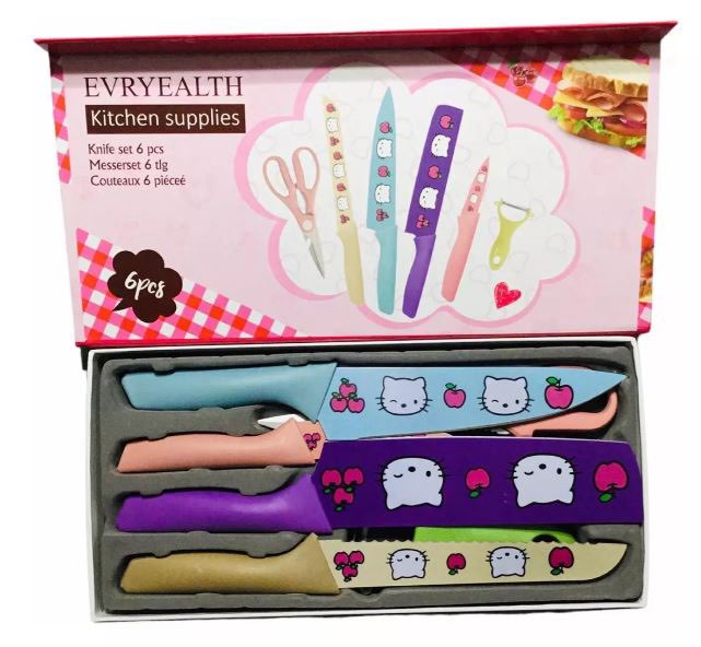 Set of knives with cartoon designs in a box labeled 'EVRYEALTH Kitchen supplies'.