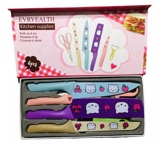 Set of knives with cartoon designs in a box labeled 'EVRYEALTH Kitchen supplies'.