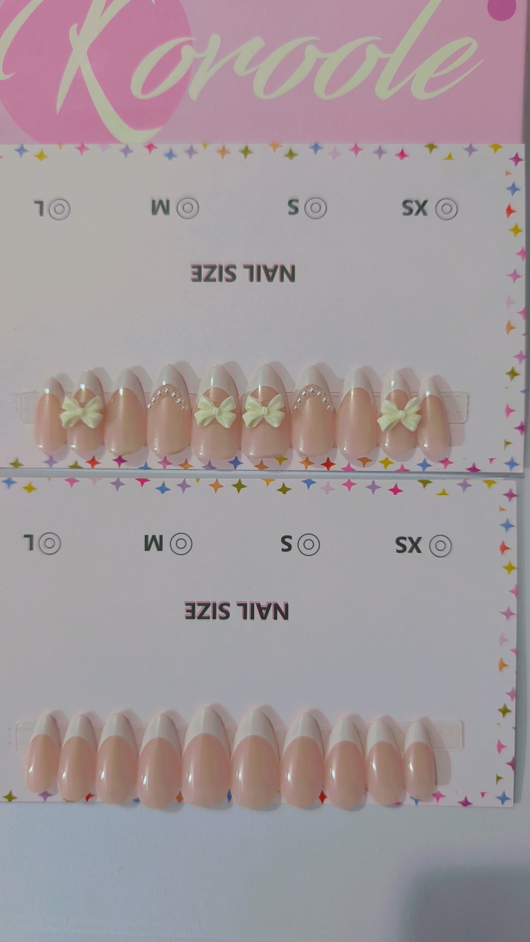 3 nail sets with full nail application kit (peach, french tip, french tip with bow art)