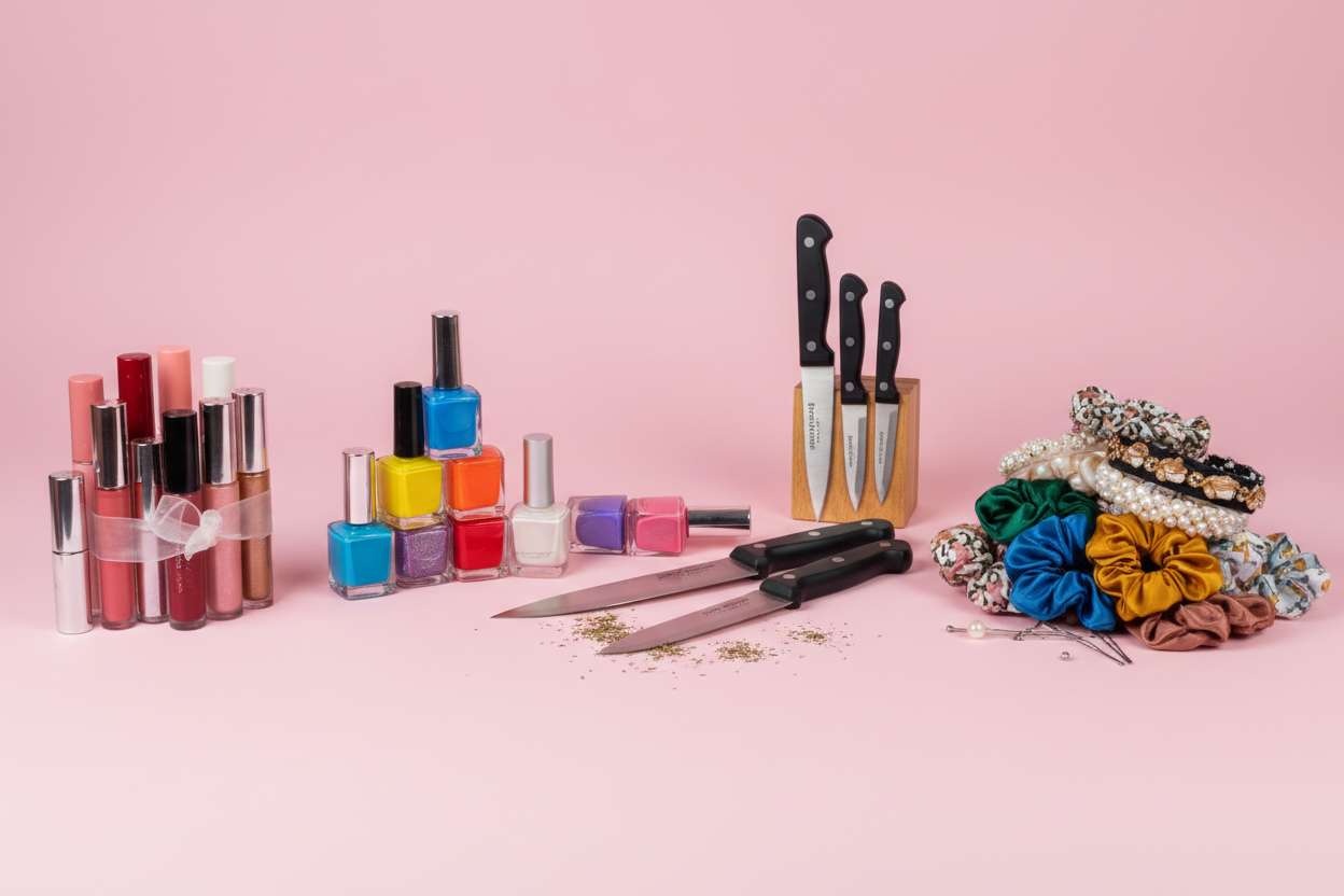 solid pastle background. make a few bundles. one for lip glosses, one for nails, one for kitchen knifes, one for hair bands