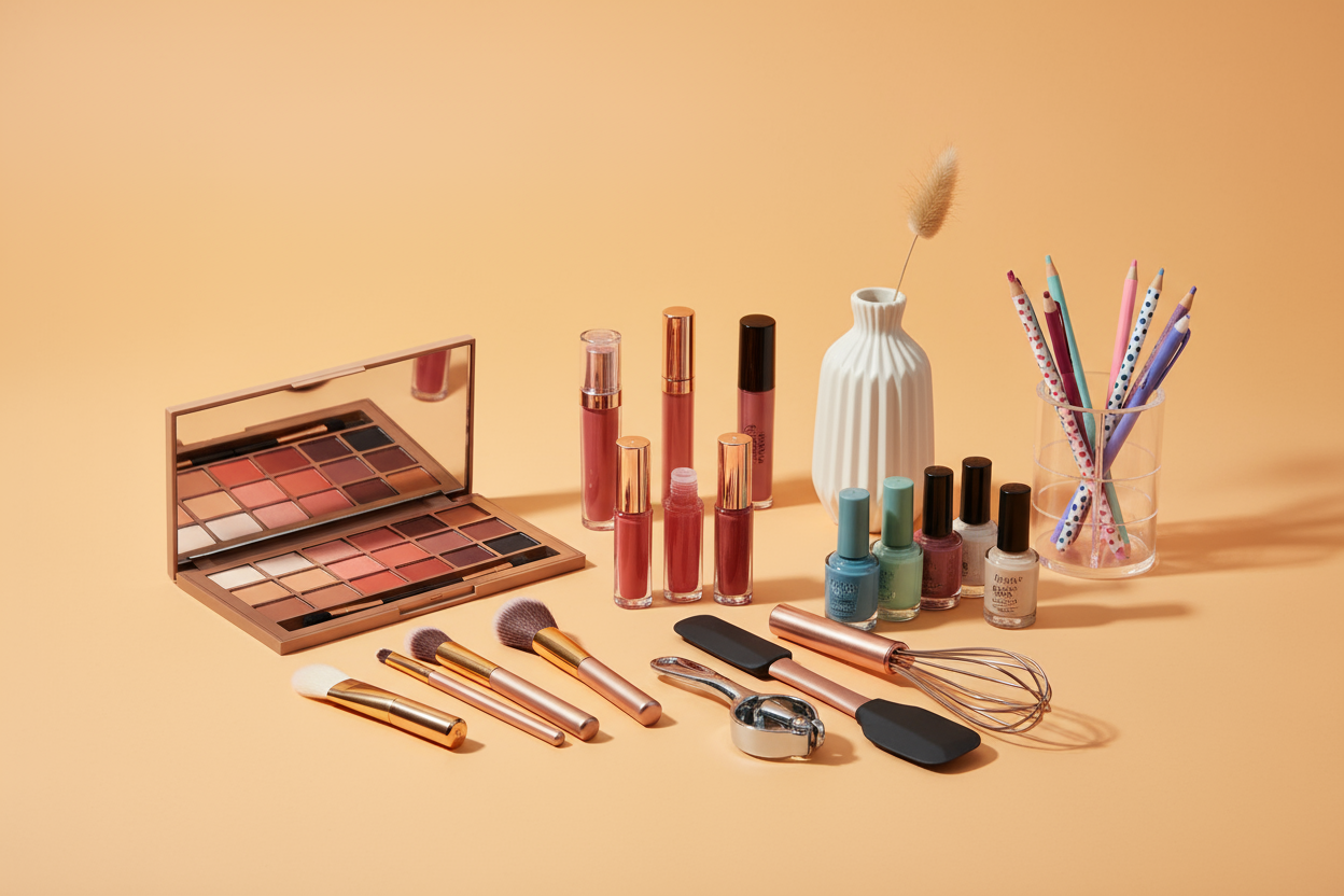 solid Pastle orange background. Range of products such as makeup, lipgloss, nails, kitchen items, household items.